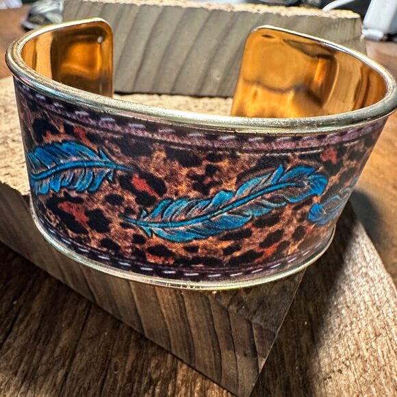 Boho Southwestern Feather Turquoise Floral Wide Cuff Bangle Bracelet, Ships in - Picture 8 of 8